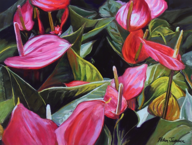 Anthuriums, Pastel artwork by Kauai artist Helen Turner