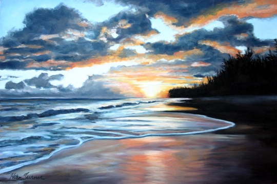 Blacksand Sunset, Pastel artwork by Kauai artist Helen Turner