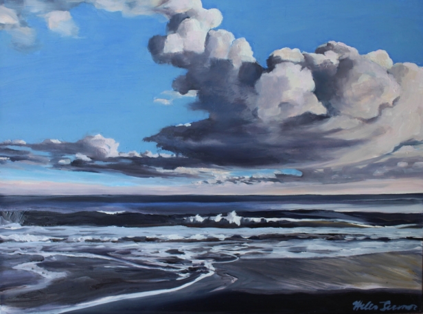 Building clouds over blacksand, Oil artwork by Kauai artist Helen Turner
