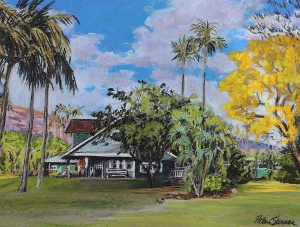 Cottage with Yellow blossom tree, Pastel artwork by Kauai artist Helen Turner