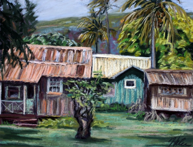 Derelict Cottages, Pastel artwork by Kauai artist Helen Turner