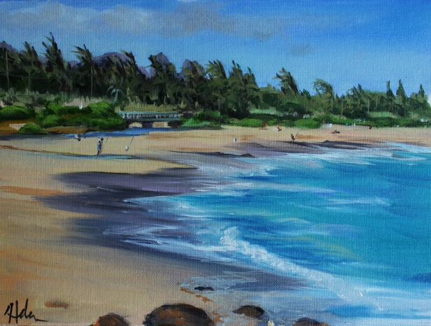 Kealia Beach with Bridge plein air, Pastel artwork by Kauai artist Helen Turner