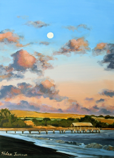 Moonrise over Waimea Pier, Oil artwork by Kauai artist Helen Turner