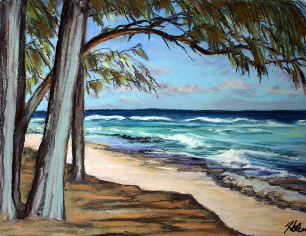 Olive has a beach day, Pastel artwork by Kauai artist Helen Turner