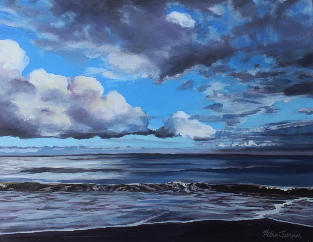Tradewind clouds and blue skies, Oil artwork by Kauai artist Helen Turner