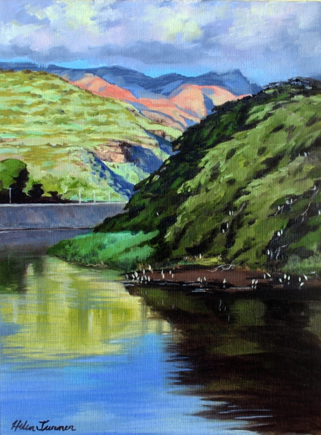 Egrets on Waimea River, Oil artwork by Kauai artist Helen Turner